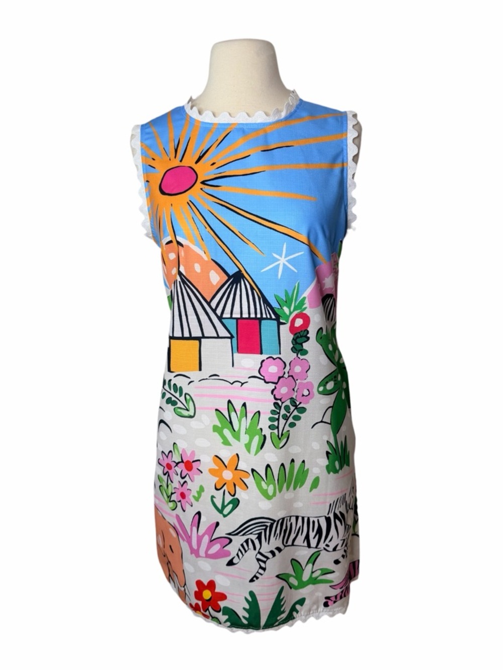 Vintage Blue Multicolor Graphic Midi Dress
